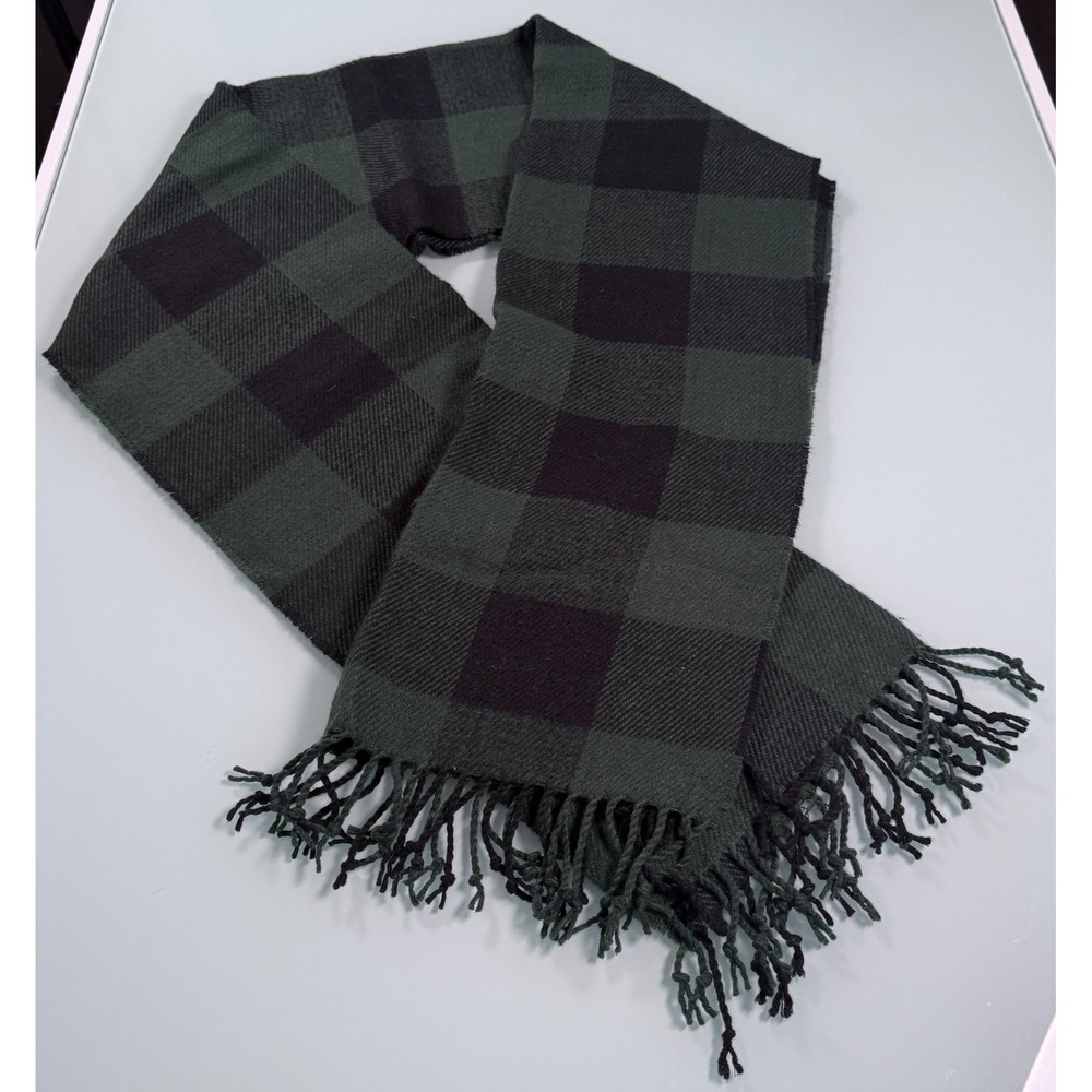VTG Abercrombie & Fitch Green / Black Buffalo Plaid Scarf w/Fringe 86 x 10